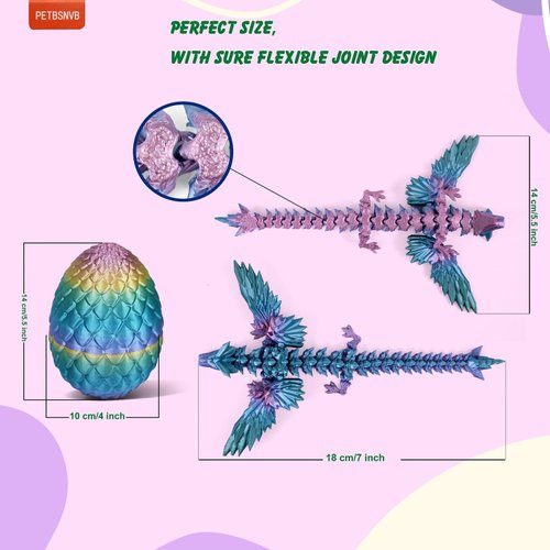 PETBSNVB 7" 3D Printed Dragon with Wings in Egg, Easter Basket Stuffers, Crystal Dragon Surprise in Eggs, Articulated Dragon, Dragon Fidget Toy, Home Office Decor Executive Desk Toy (Laser Blue)