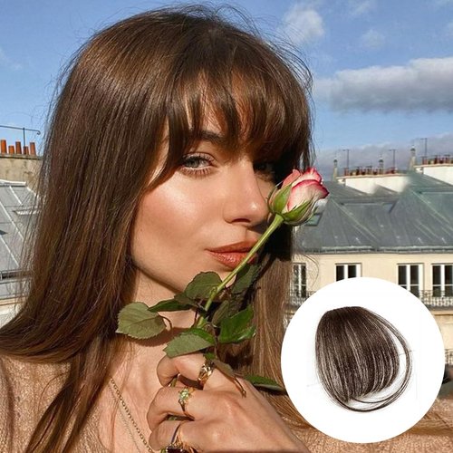 Bangs Hair Clip in bangs 100% Human Hair Extensions Dark Brown Wispy Bangs Clip on Bangs for Women Fringe with Temples Hairpieces Curved Bangs for Daily Wear (Wispy Bangs, Dark Brown)