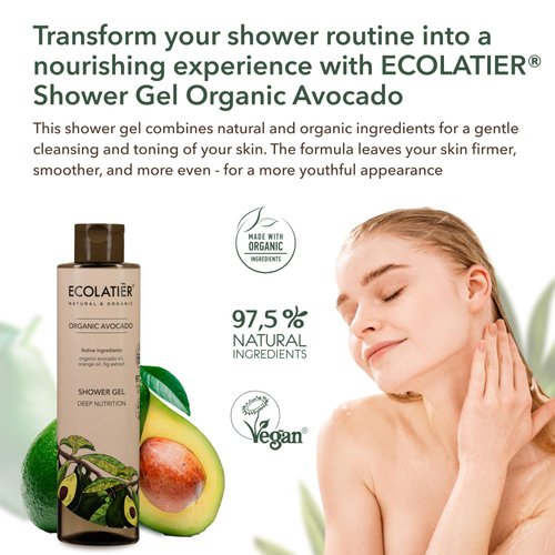 ECOLATIÈR Shower Gel Deep Nutrition with Organic Avocado – 97.5% Natural, Vegan, Moisturizing Body Wash for Women & Men, for Sensitive Skin, Softness & Nourishment