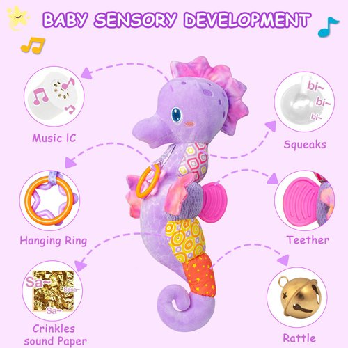 Fuzqq Baby Toys 0-6-12 Months,Infant Musical Stuffed Animals Soft Toy with Bright Colors,Crinkle Sound Paper, Multi-Textures & Rattles,Baby Newborn Toys for 0 3 6 9 12 Months Boy/Girls(Purple)