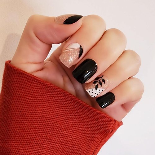 Press on Nails Short Square Fake Nails Black White French Tip Acrylic Nails with Black Leaves and Polka Dots Designs Glitter Full Cover Glossy Black False Nails Stick on Nails for Women 24Pcs
