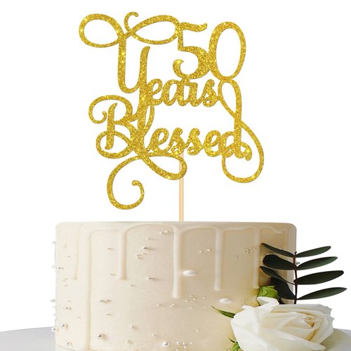 Gold Glitter 50 Years Blessed Cake Topper - for 50th Wedding Anniversary / 50th Anniversary Party / 50th Birthday Party Decorations