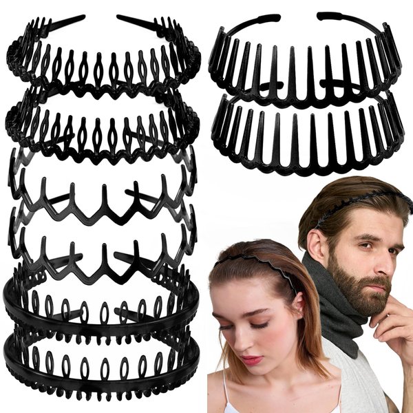 8 PCS Non Slip Fashion Plastic Headbands with Teeth Skinny Hair Band Combs Hair Hoop Hair Accessory for Women Men Hair Decorations (Black)