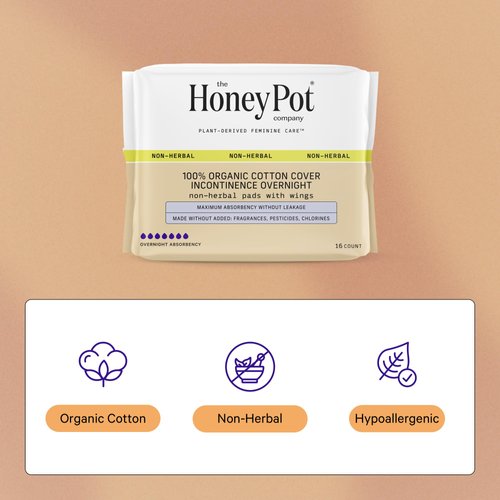 The Honey Pot Company – Incontinence Pads for Women - Non-Herbal Overnight - Bladder Leak Control - Organic Cotton Cover & Ultra-Absorbent Pulp Core - Incontinence Pads - FSA & HSA Eligible – 16 ct.