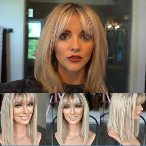 MoCulot Mid-length Layered Topper Wig With Bangs,Ombre Ash Blonde Wigs for Women Light Blonde Straight Wig with Curtain Bangs Shoulder Length Natural Synthetic Wig for Daily Use