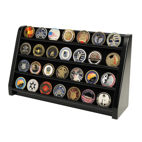 DecoWoodo Challenge Coin Display Case, 4 Row Military Coin Wooden Holder Rack Stand Holds 30 Coins for Desk or Wall Mount, Coin Holders for Collectors (Black Finish)