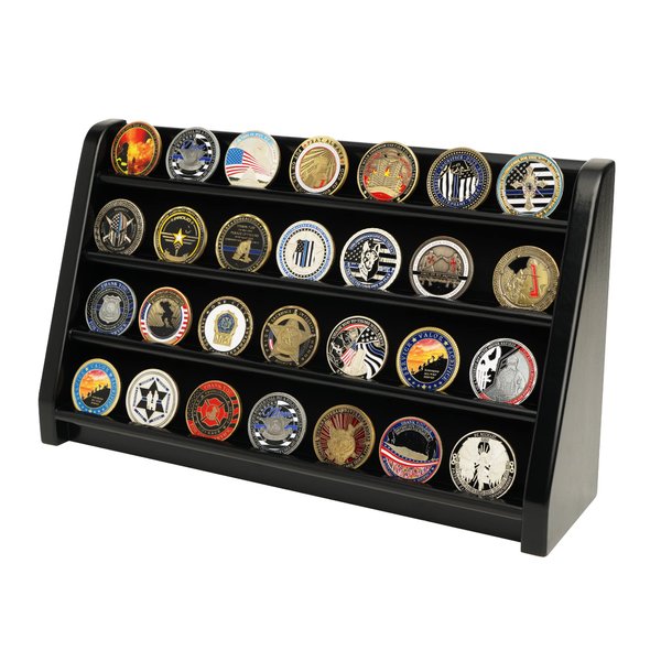 DecoWoodo Challenge Coin Display Case, 4 Row Military Coin Wooden Holder Rack Stand Holds 30 Coins for Desk or Wall Mount, Coin Holders for Collectors (Black Finish)