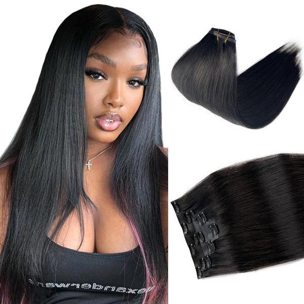 Seamless Clip in Hair Extensions Human Hair, Natural Black Hair Extensions Real Human Hair Clip ins Extensions 7pcs 80G 12 Inch, Ubetta Straight Remy Human Hair Extensions for Women