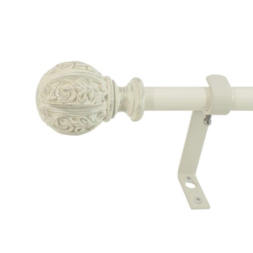 Decopolitan - 29992-26DW Leaf Ball 5/8" Curtain Rod Set, 26 to 48 Inches, Distressed Ivory