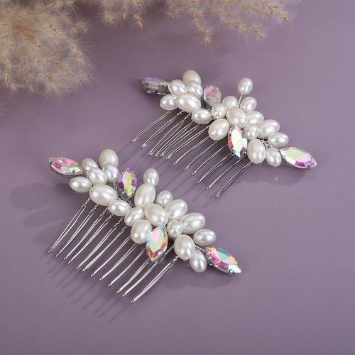 Teyglen Pearl Wedding Hair Comb Simple Rhinestone Pearl Hair Piece Bride Headpiece Bridal Crystal Pearl Hair Comb Elegant Hair Accessories for Women (Ab color)