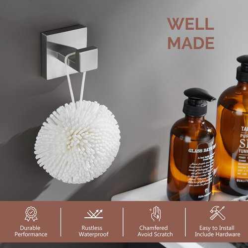 Angle Simple Bathroom Towel Hook Brushed Nickel, SUS304 Stainless Steel Hand Towel Rack, Square Coat Robe Hook, Wall Mount