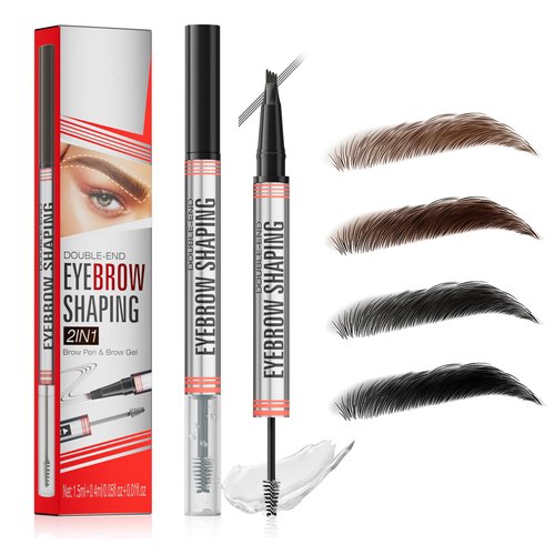 Microblading Eyebrow Pen, Eyebrow Pencil with 4-Fork Tip & Shaping Brow Gel, Waterproof 2-in-1 Dual-Ended Eye Brow Pencils for Women & Brow Glue Makeup Kit for Natural-Looking Brows Makeup,Black