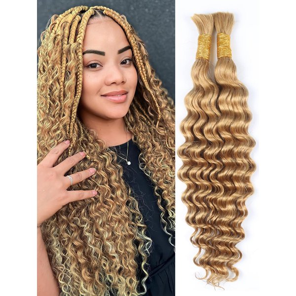 Honey Blonde Human Braiding Hair for Boho Braids 2 Bundles 18 Inch 100g #27 Deep Water Wave Bulk Human Hair for Braiding Wet and Wavy Curly Bundles No Weft Micro Braiding Hair Human Hair Extensions