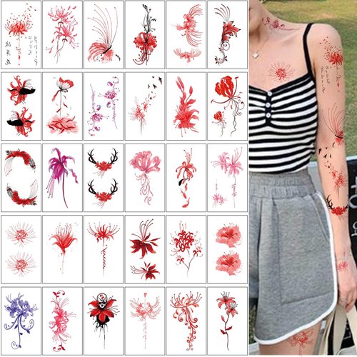 30 Sheets Higan Bana Temporary Tattoos for Women Girls 3D Equinox Flower Sexy Fake Tattoo Stickers Waterproof Body Art Red Temp Tattoo Paper (S30 H)