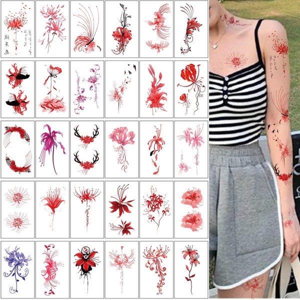 30 Sheets Higan Bana Temporary Tattoos for Women Girls 3D Equinox Flower Sexy Fake Tattoo Stickers Waterproof Body Art Red Temp Tattoo Paper (S30 H)