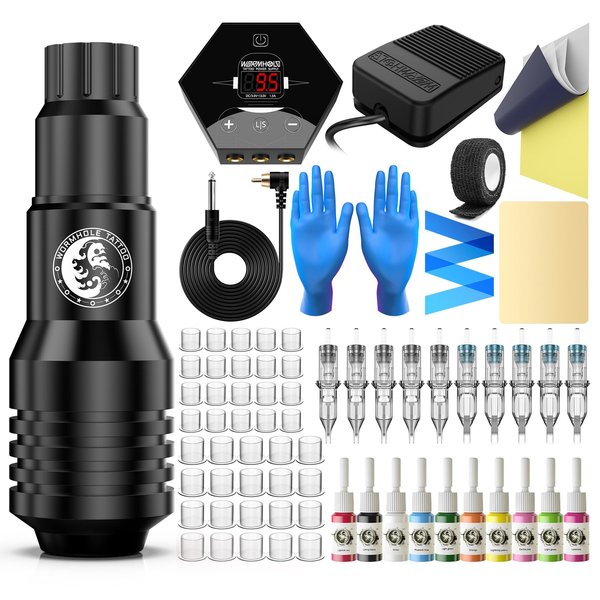 Wormhole Tattoo Kit Tattoo Gun Kit Rotary Tattoo Machine for Tattoo Beginners with Power Supply, Foot Pedal, Cartridge Needles, and Ink Caps Tattoo Pen Machine Kit