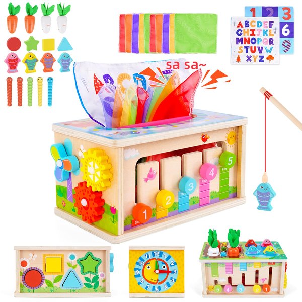 Toddlers Montessori Toys for 3 Year Old Boys Girls, Wooden Baby Tissue Box Toys for Ages 3-4 Kids, Activity Cube|Sensory Toys for Toddlers 3-4, Halloween Christmas Birthday Gifts for 36+ Months