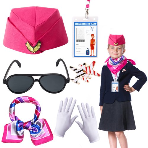Keymall Kids Flight Attendant Costume Accessories Set Stewardess Hat Airline Hostess Costume Kits for Girls Dress Up Halloween Career Costume (Rose)