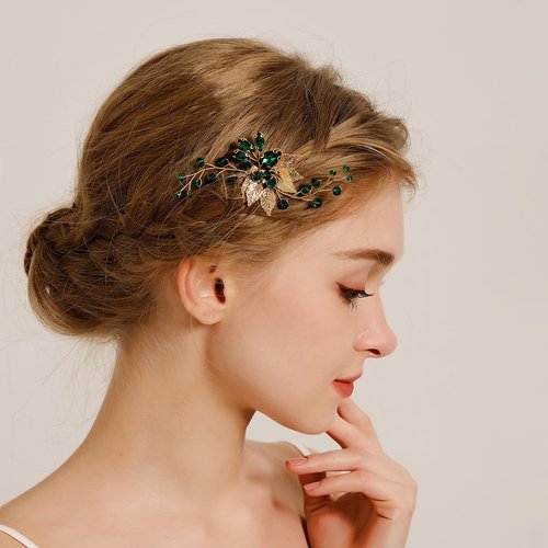 BERYUAN Bridal Emered Green Crystal Rhinestone Hair Comb Gold Leaves Green Rhinestone Wedding Headpiece Teardrop Crystal Rhinestone Wedding Headband for Women