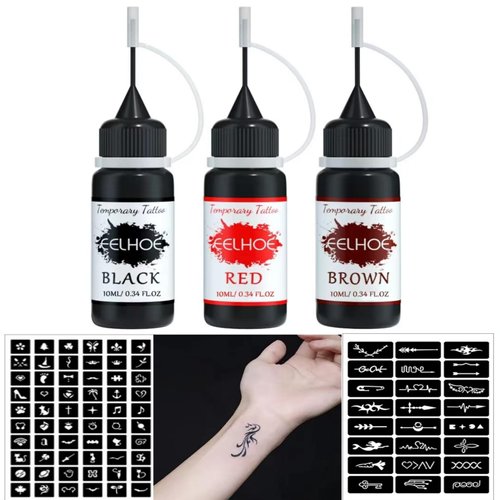 Wxfhtda Temporary Tattoo Kit 3 Bottles Color Temporary Tattoo Ink, Tattoo Kit with 84 Stencils for Body Paint DIY Fake Tattoo for Women Men Kids, Halloween Makeup Kit(Black, Red, Brown)