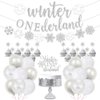 Winter Onederland 1st Birthday Party Decorations, Glitter Silver Winter Onederland Banner, Cake Topper, Snowflake Balloons Garland for Girl Boy Winter Wonderland Baby First Birthday Party Supplies