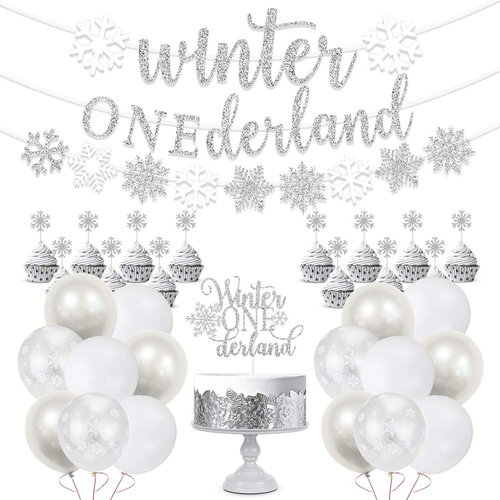 Winter Onederland 1st Birthday Party Decorations, Glitter Silver Winter Onederland Banner, Cake Topper, Snowflake Balloons Garland for Girl Boy Winter Wonderland Baby First Birthday Party Supplies