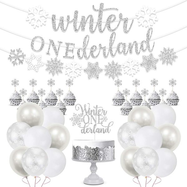 Winter Onederland 1st Birthday Party Decorations, Glitter Silver Winter Onederland Banner, Cake Topper, Snowflake Balloons Garland for Girl Boy Winter Wonderland Baby First Birthday Party Supplies