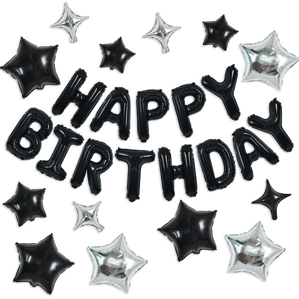 TONIFUL 35PCS Black Happy Birthday Decorations Kit 16 Inch Happy Birthday Balloon Banner with Star Balloons Mylar Foil Birthday Party Decorations Supplies for Men Women Adults Girls Boys Kids