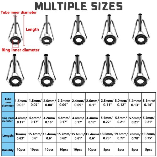 WMYCONGCONG 80 PCS Fishing Rod Guide Tips Repair Kit Metal Spinning Fishing Rod Guides Spare Parts Ceramic Ring Guide Tips