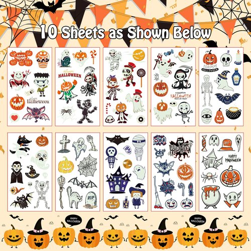 Cerlaza Luminous Halloween Temporary Tattoos for Kids Birthday Party Decorations, Glow Halloween Party Supplies Favors Decor for Boys Girls, Halloween Goodie Bag Fillers Stuffers-10 Sheets