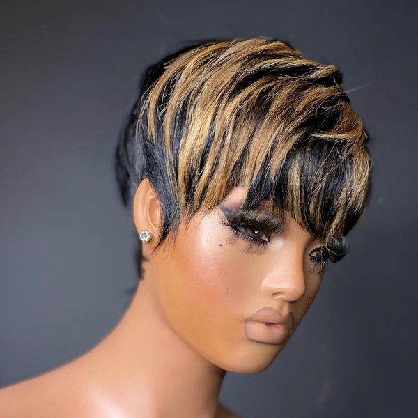PangDongLai 10A Pixie Cut Wigs for Black Women 1b/30 Color Short Layered Pixie Human Hair Wigs With Bangs Brazilian Virgin Human Hair Wigs for Women Glueless Full Machine Made Wigs