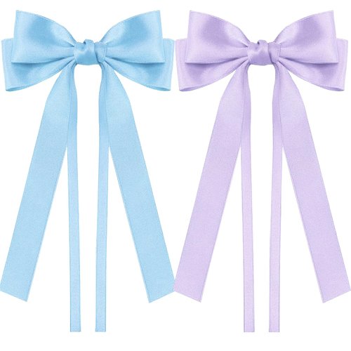 2PCS Silky Satin Hair Bows Ribbon Hair Clips, Satin Bow Hair Clip With Long Tail Ribbon Bowknot Hair Barrettes, Ponytail Holder Hair Accessories Alligator Clips Hair for Women Girls (Blue+Purple)