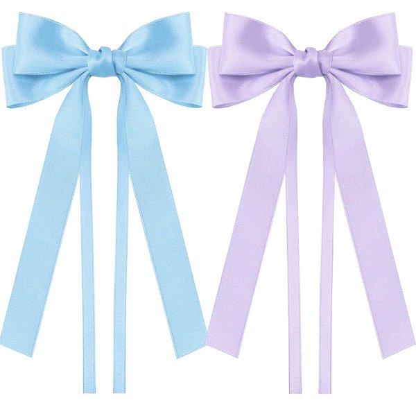 2PCS Silky Satin Hair Bows Ribbon Hair Clips, Satin Bow Hair Clip With Long Tail Ribbon Bowknot Hair Barrettes, Ponytail Holder Hair Accessories Alligator Clips Hair for Women Girls (Blue+Purple)