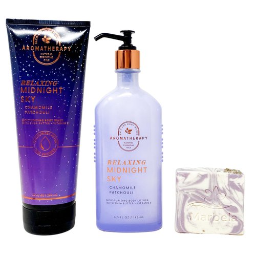Bath & Body Works Aromatherapy Relaxing Midnight Sky Chamomile Patchouli - Duo Gift Set - Body Lotion and Moisturizing Body Wash with a Lavender Dreams Bar Soap.