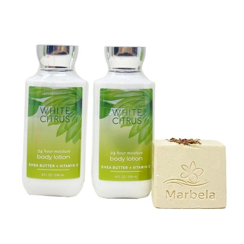Bath & Body Works White Citrus 2 Pack 24 Hour Moisture Body Lotion Gift Set with a Creamy Rose Bar Soap - Full Size