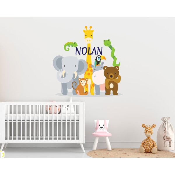 Custom Name Jungle Animals Wall Decal - Baby Safari Zoo Animals Series Theme Wall Art Decal - Wall Decal for Nursery Bedroom playroom Decoration (Wide 20"x20" Height)