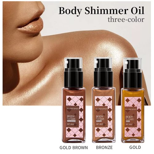 Body Glow Shimmer Body Oil, Shimmering Body Oil Lotion Glitter for Skin Body Highlighter Liquid Luminizer, Natural Body Shimmer Oil Gold Brown Moisturizing Waterproof Women Men Makeup (60ml/2 oz)