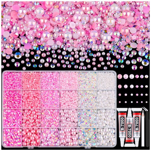 9000PCS Flatback Pearls and Rhinestones for Crafting, Pink White 3-10mm Resin Rhinestones and Half Pearls for Bedazzling, Nail Art and Dec with 3pcs B7000 Jewelry Glue, Tweezer and Pickup Pencil