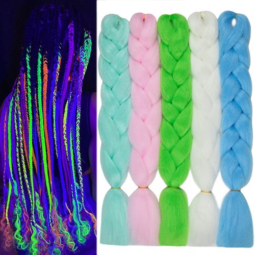 Christmas Rainbow Braiding Hair Jumbo Braids Hair Knotless Glow in the Dark Hair Extensions 5Pcs Muti Color Braiding Hair Luminous Colorful Kanekalon Glowing Braiding Hair