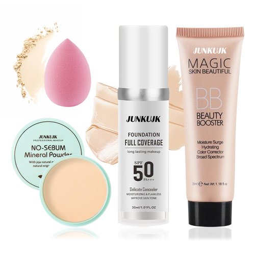 Color Changing Full Coverage Liquid Foundation Makeup Gift Set,Moisturizing BB Cream for Women,Flawless Loose Setting Powder Face Primer Base Makeup Kit With Makeup Sponge