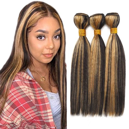 P1B27 Straight Bundles Highlight Human Hair Bundles Brazilian Two Tone Black And Honey Blonde Bundles Ombre Straight Bundles Double Weft Hair Extensions For Women 8 10 12 Inch