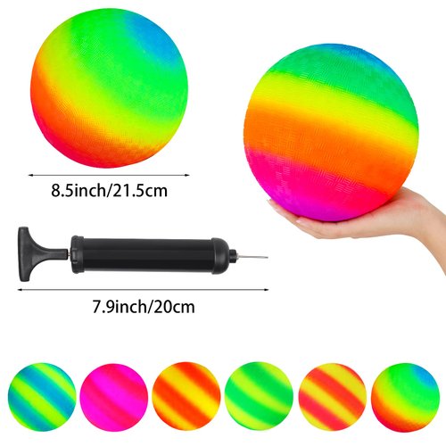 Hooqict 6 Pack 8.5 Inch Playground Balls with Hand Pump and 6 Portable Ball Net Bags Inflatable Rainbow Sports Balls for Kids Toddlers Kickballs Dodgeball Handballs Recess Balls Indoor Outdoor Games