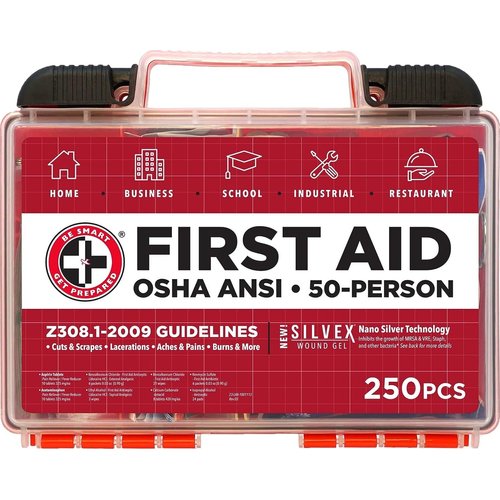 Be Smart Get Prepared First Aid Kit, 250 Piece. Exceeds OSHA ANSI Standards for Office, Home, Car, School, Emergency, Survival, Camping, Hunting, & Sports. FSA HSA