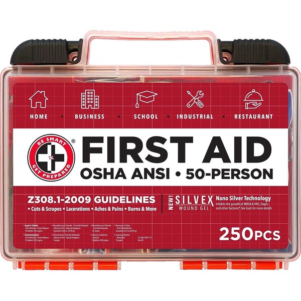 Be Smart Get Prepared First Aid Kit, 250 Piece. Exceeds OSHA ANSI Standards for Office, Home, Car, School, Emergency, Survival, Camping, Hunting, & Sports. FSA HSA