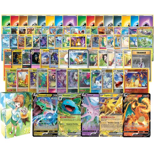 Pokemon: 100 Assorted Card Bundle - with Foils and 5 Ultra Rare (V, GX, EX) Variety - Official Pokemon TCG Deck Box Included