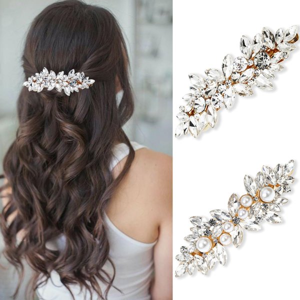 AOREAS 4Pcs Rhinestone Hair Clips Crystal Pearl Hair Barrettes for Women Wedding Bridesmaid Flower Hair Accessories Jewerly for Bridal,Wedding,Party,Prom (Gold+Gold)