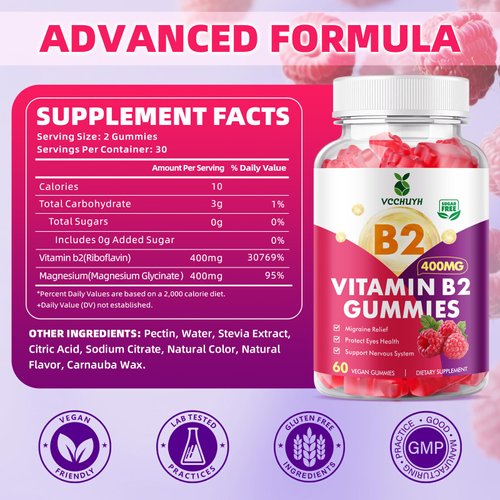 VCCHUYH Vitamin B2 Gummies for Kids & Adults, VIT B2 Riboflavin 400mg Supplement with Magnesium for Migraine Relief & Nervous System Support, Non-GMO, Vegan, Raspberry Flavor 60 Count