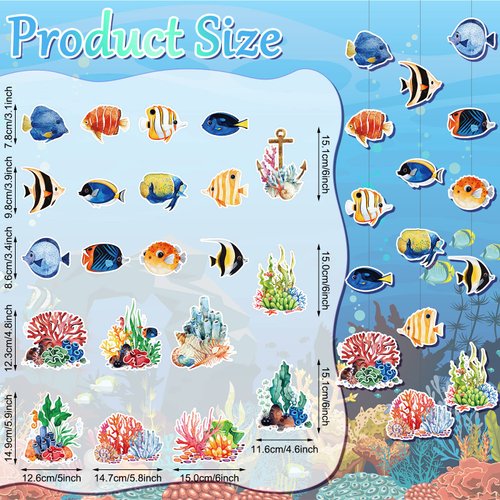 45 Pcs Tropical Fish Decorations Under The Sea Party Banners Ocean Themed Party Supplies Fish Ceiling Hanging Swirl Hawaiian Luau Decor Tropical Fish Paper Cutouts for Birthday Party Favor