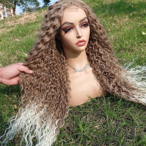 Blonde Curly Wigs For Women Kinky Curly Wig Synthetic Long Ombre Blonde Deep Wave Wigs Afro Wig Blonde To White Color Middle Part Natural Hair Wigs For African American Women Replacement Wigs Daily Wear (27/613,28inch)