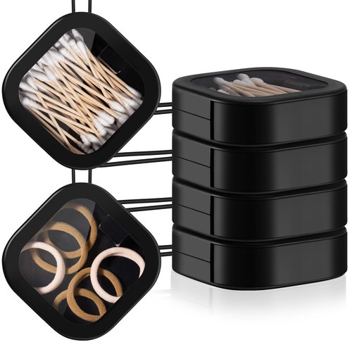Kathfly 4 Pcs Hair Tie Organizer Portable Hair Accessory Storage Containers Stackable Hair Tie Bobby Pin Holder Home Cotton Swab Dispenser Hair Accessories Jewelry Organizer Box(Black)